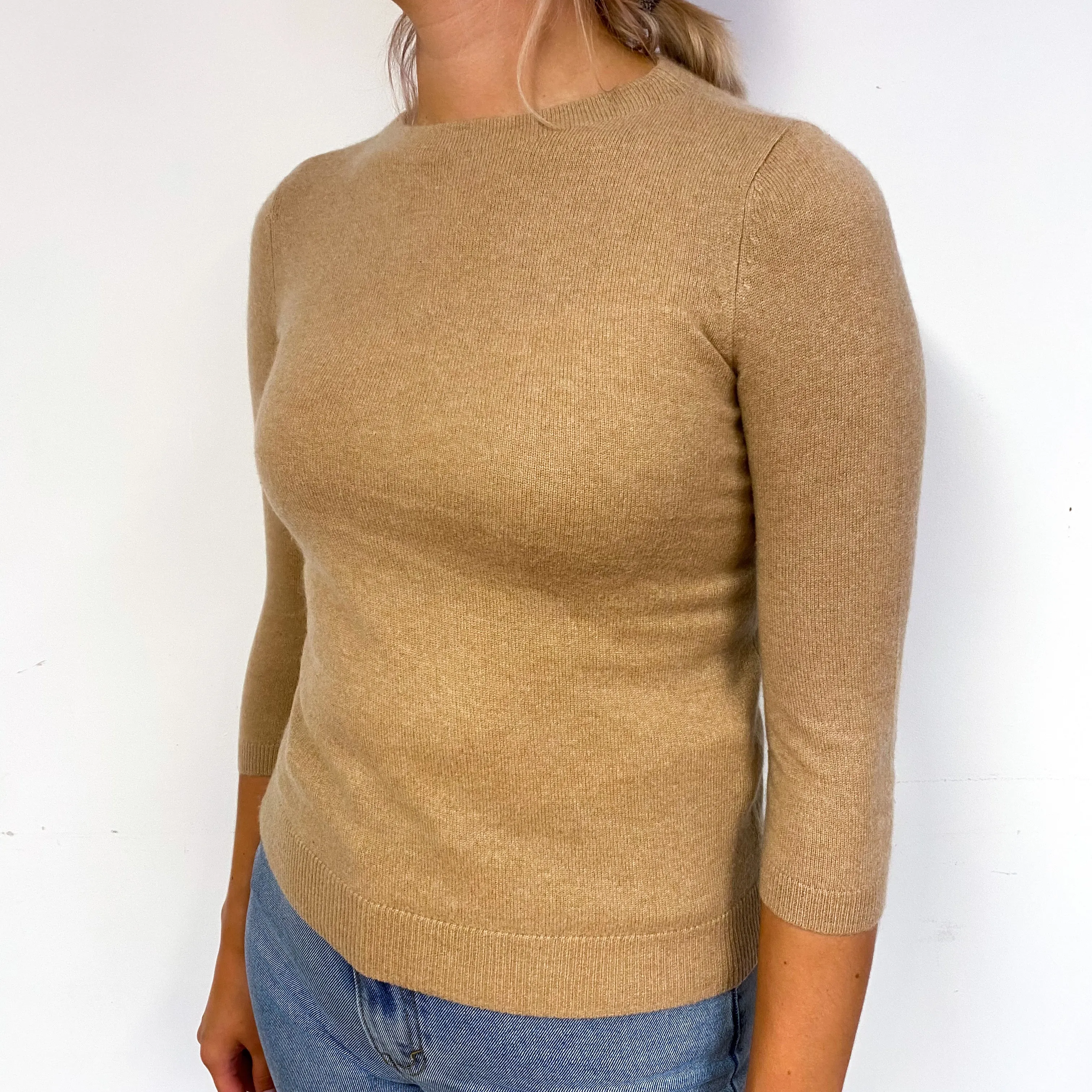 Camel Brown 3/4 Sleeved Cashmere Crew Neck Jumper Small