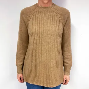 Camel Brown Ribbed Cashmere Crew Neck Jumper Medium