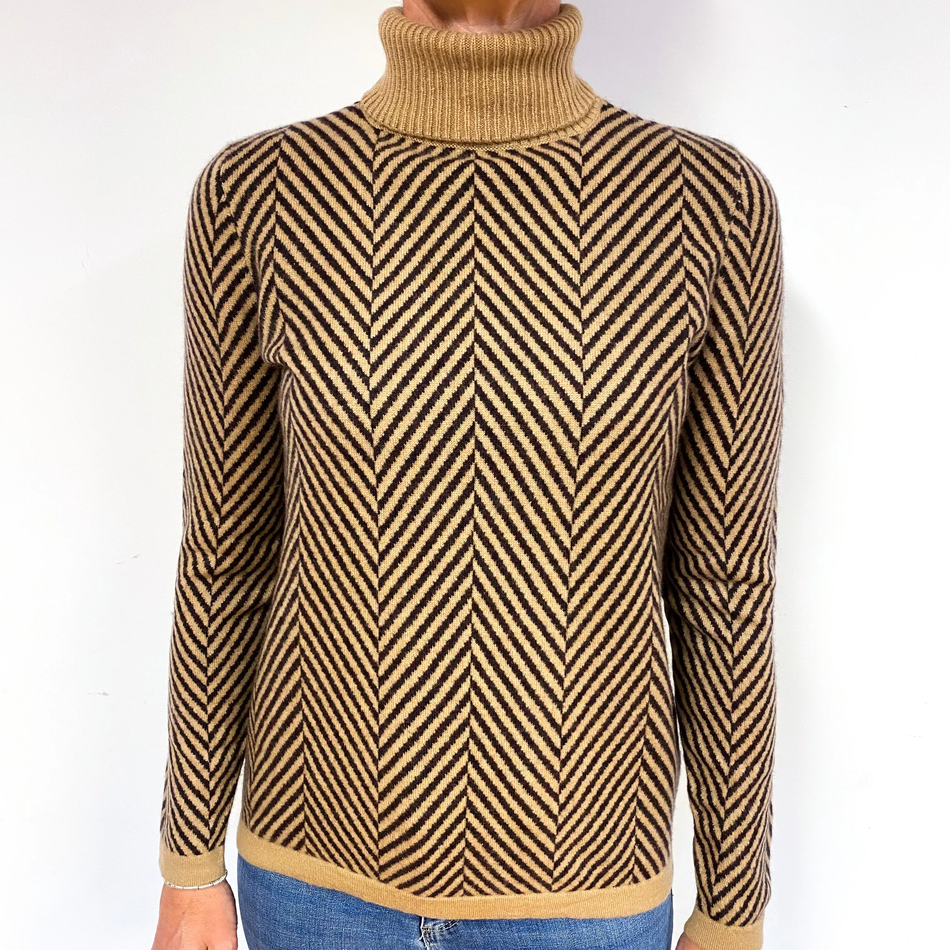 Caramel Chocolate Brown Herringbone Cashmere Polo Neck Jumper Medium