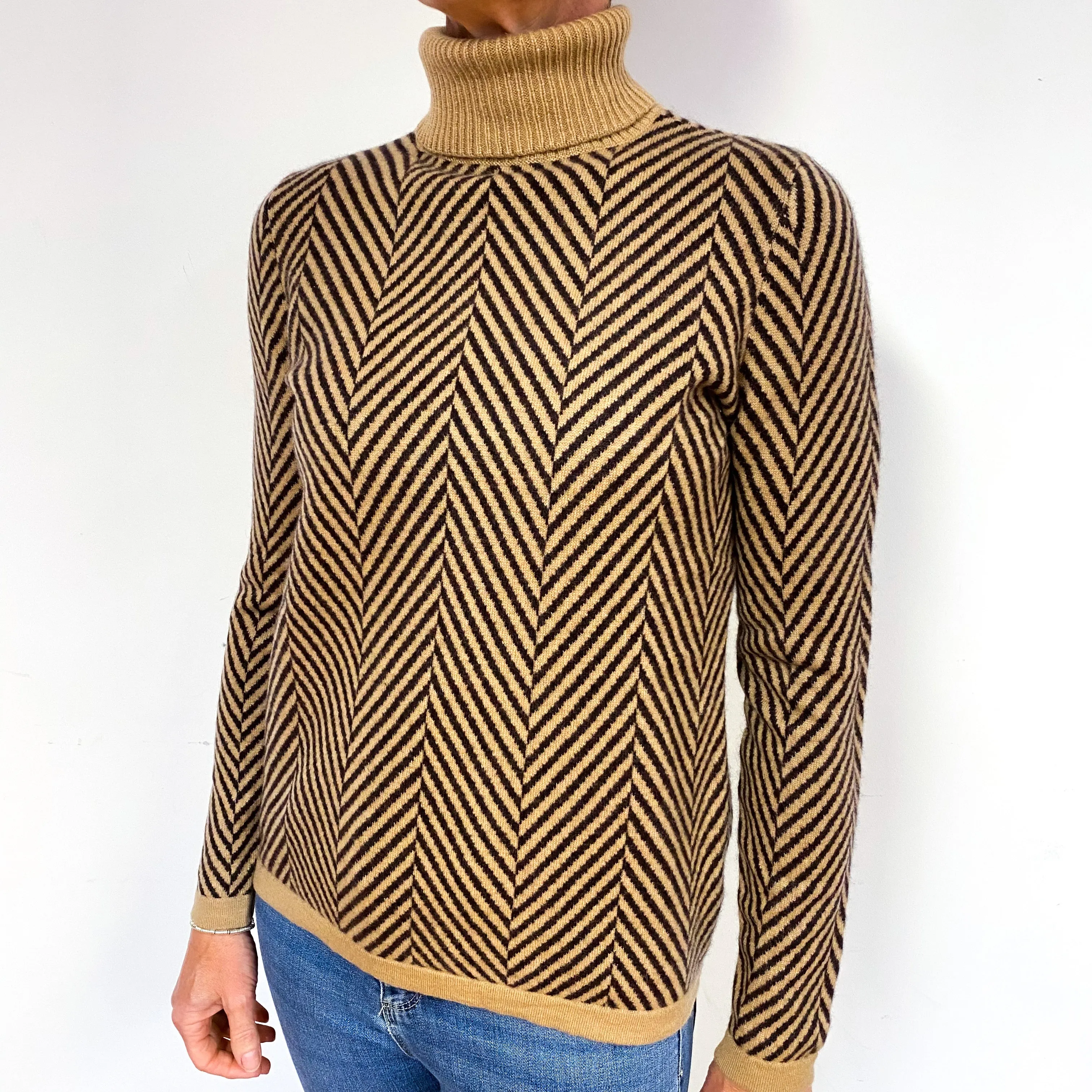 Caramel Chocolate Brown Herringbone Cashmere Polo Neck Jumper Medium