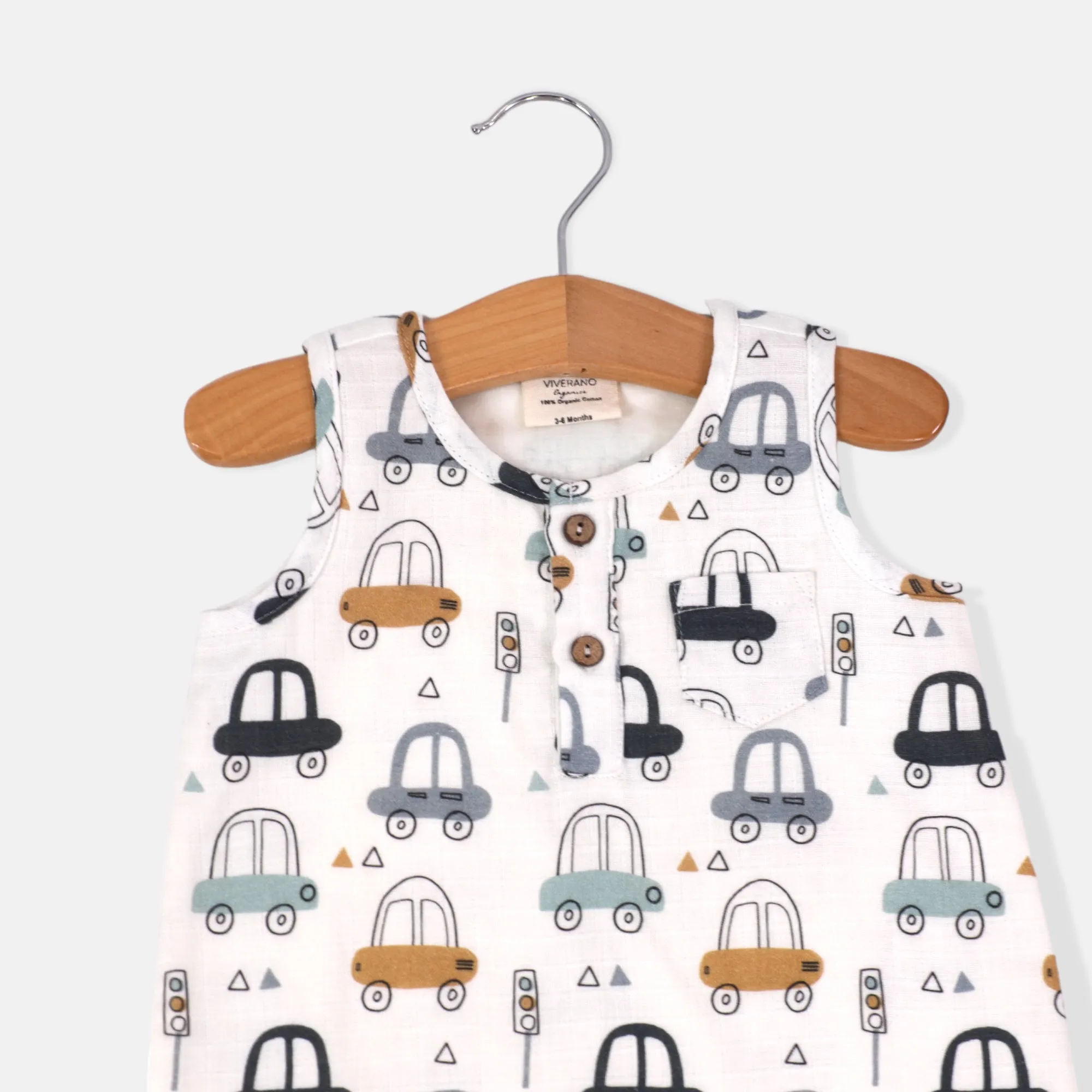 Cars Henley Sleeveless Baby Romper (Organic Muslin)