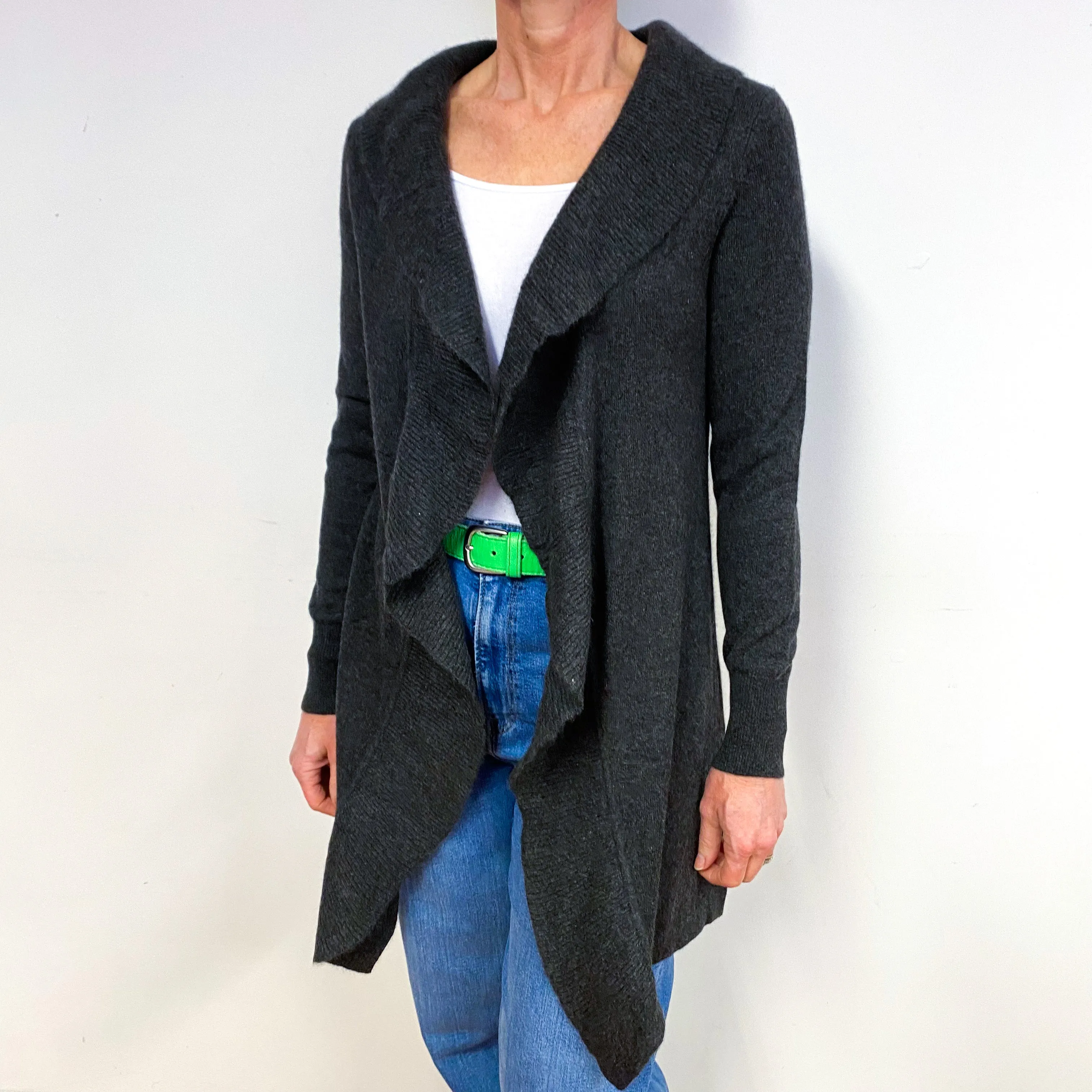 Charcoal Grey Longline Cashmere Waterfall Cardigan Medium