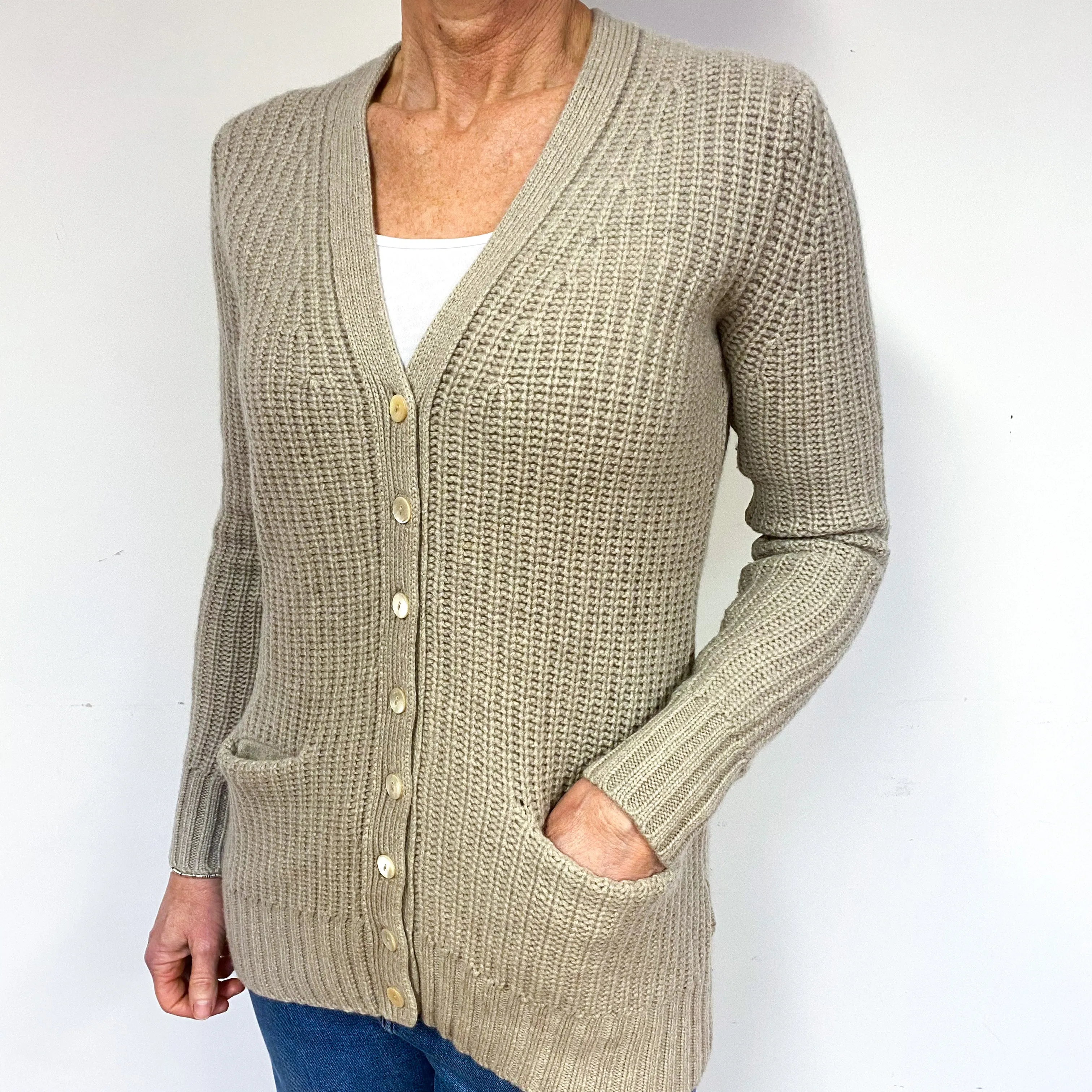 Chunky Fawn Brown Cashmere V-Neck Cardigan Medium