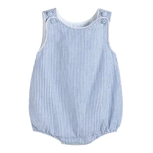 Classic Dark Blue Seersucker Baby Bubble Romper