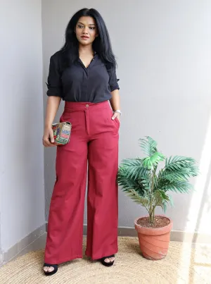 Co-Ord Set Black Linen Shirt and Maroon Wide Leg Pants