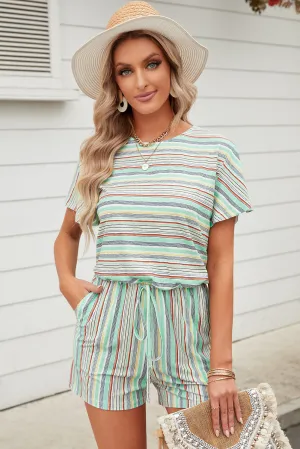 Colorful Stripe Drawstring Waist Romper