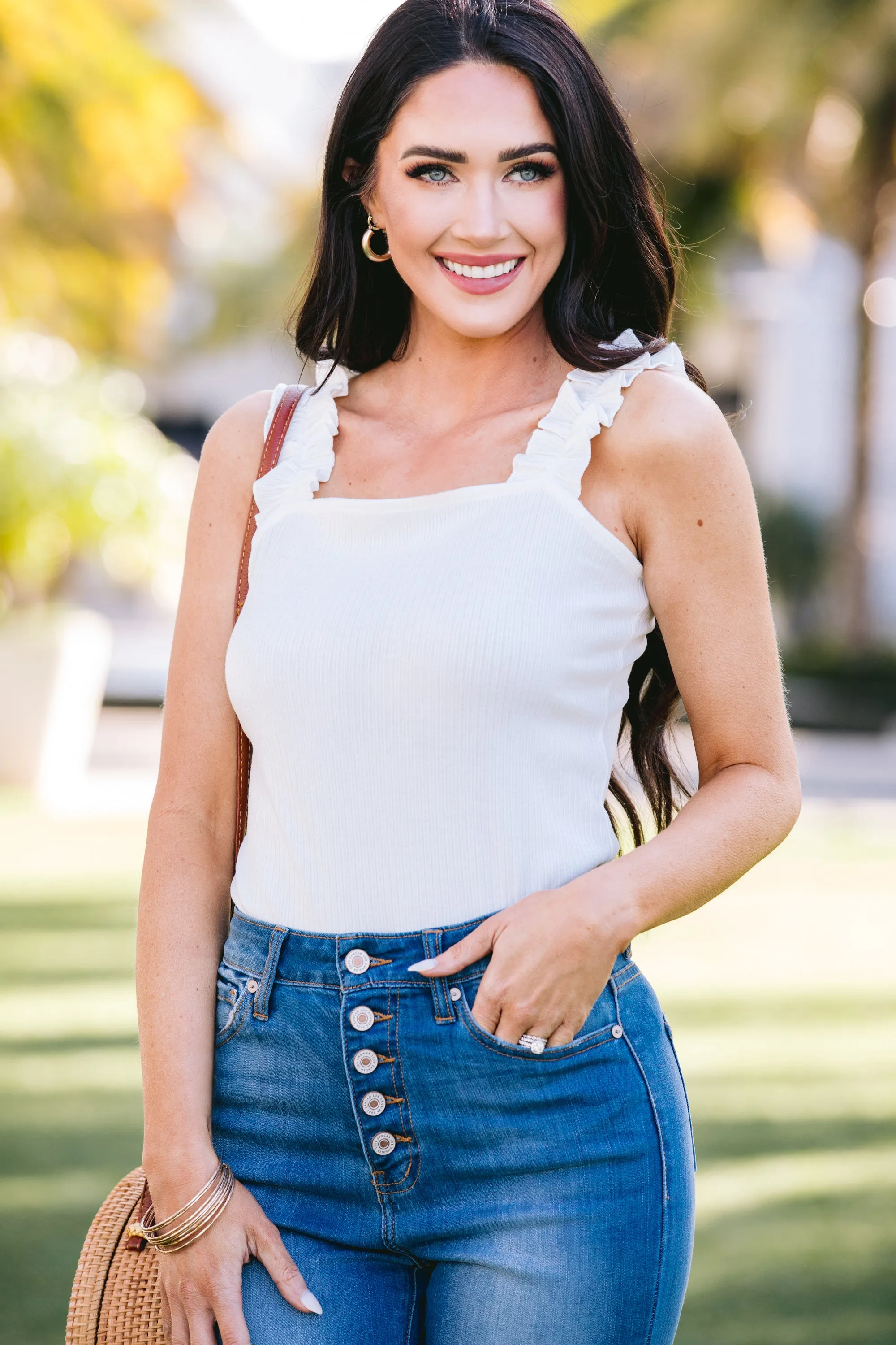 Come To You Ivory White Ruffled Tank