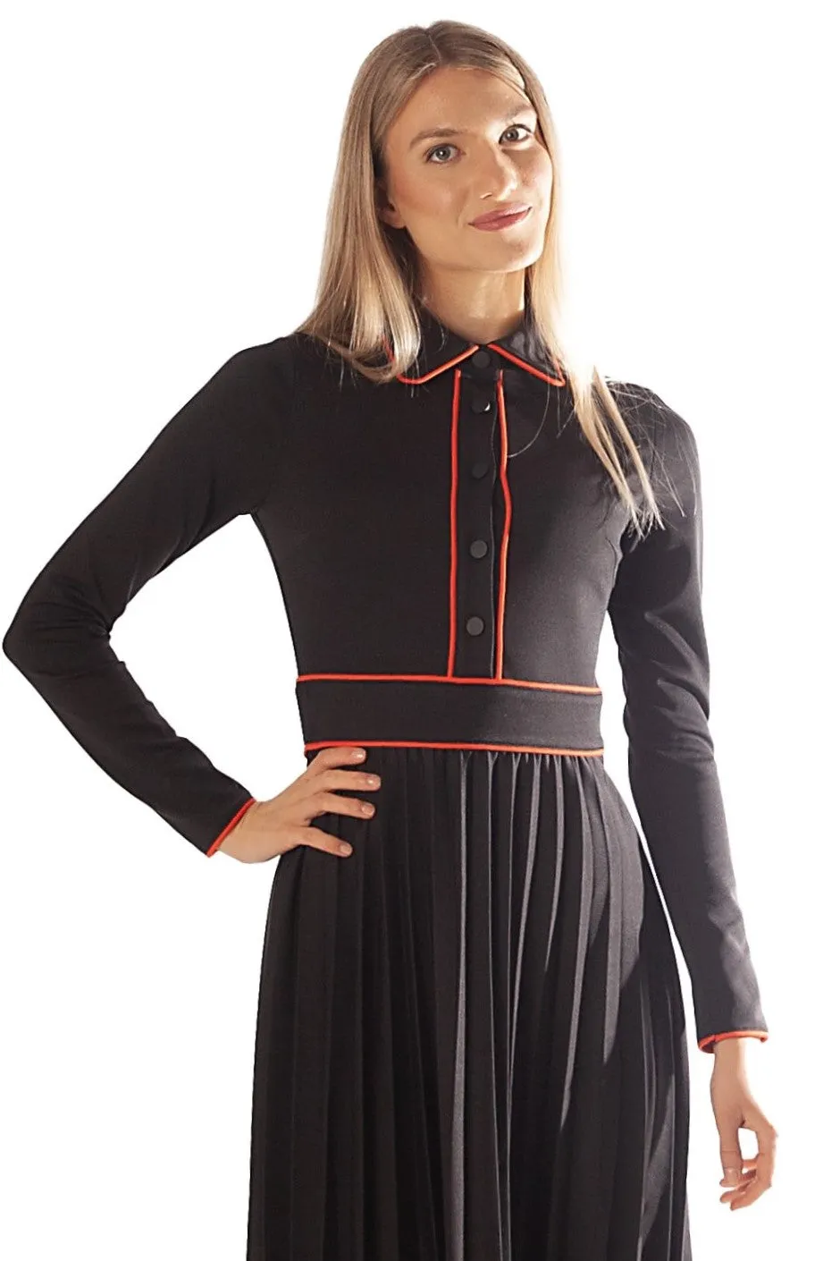 Contrast Piped Pleated Dress