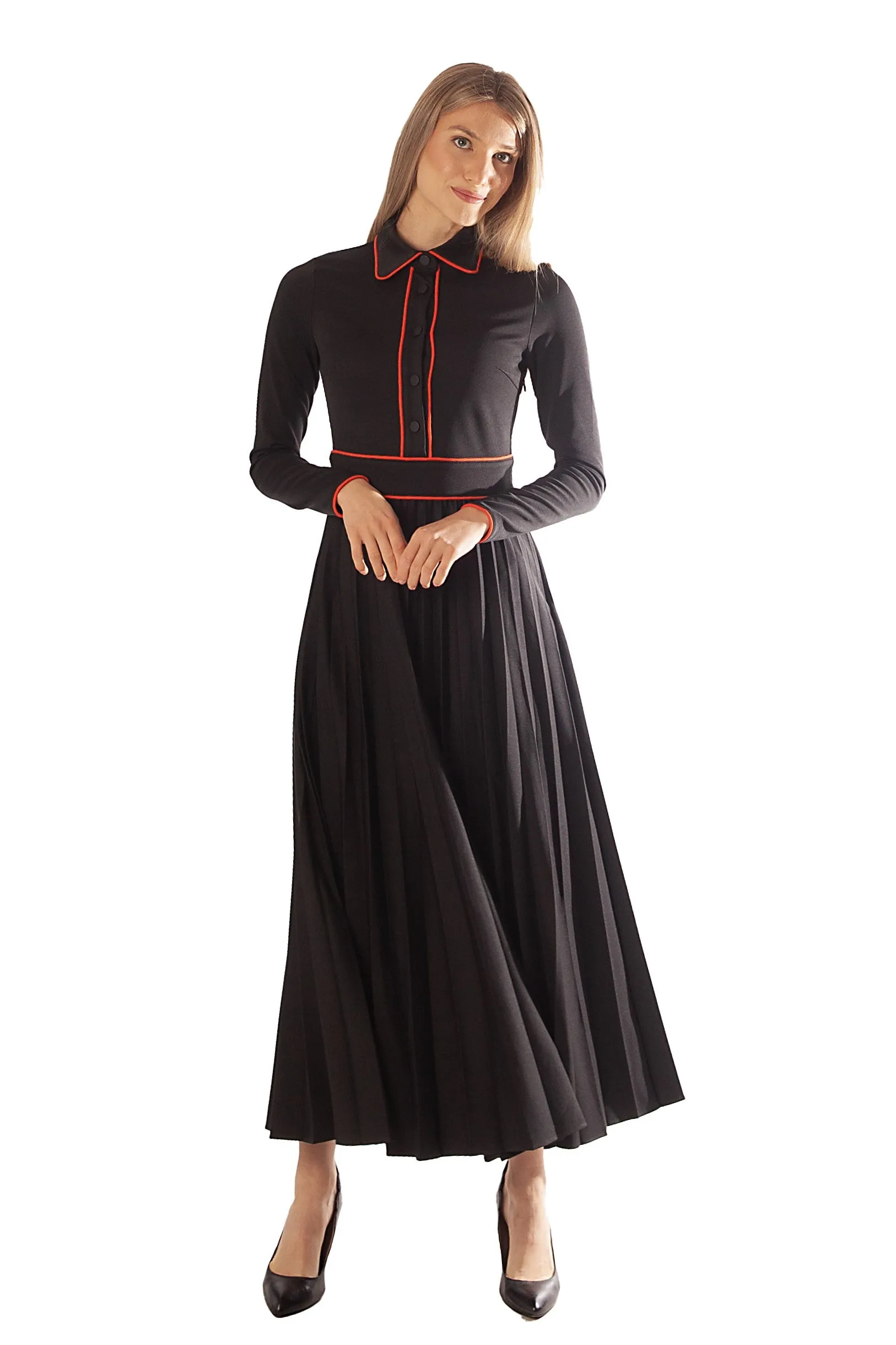 Contrast Piped Pleated Dress