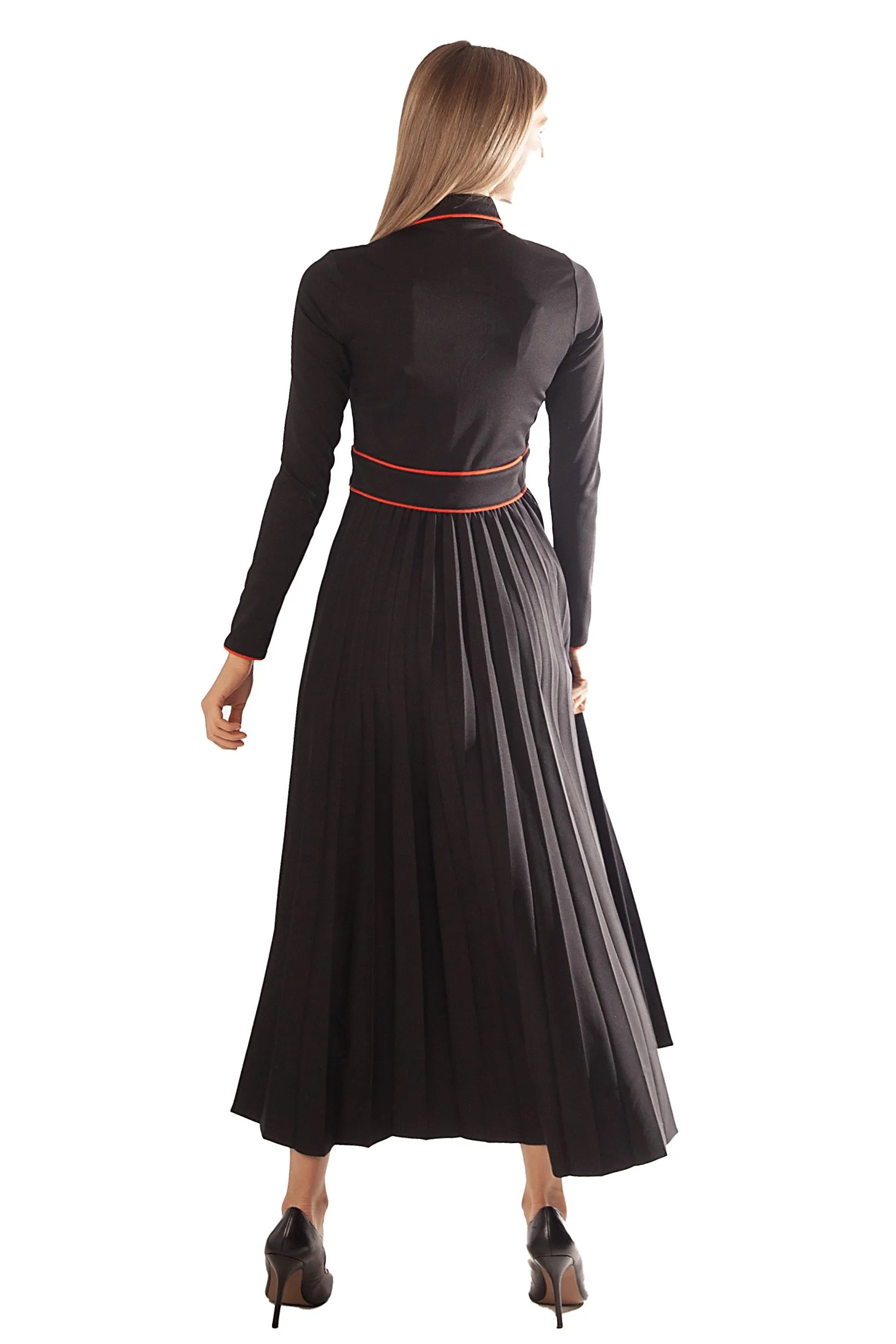 Contrast Piped Pleated Dress