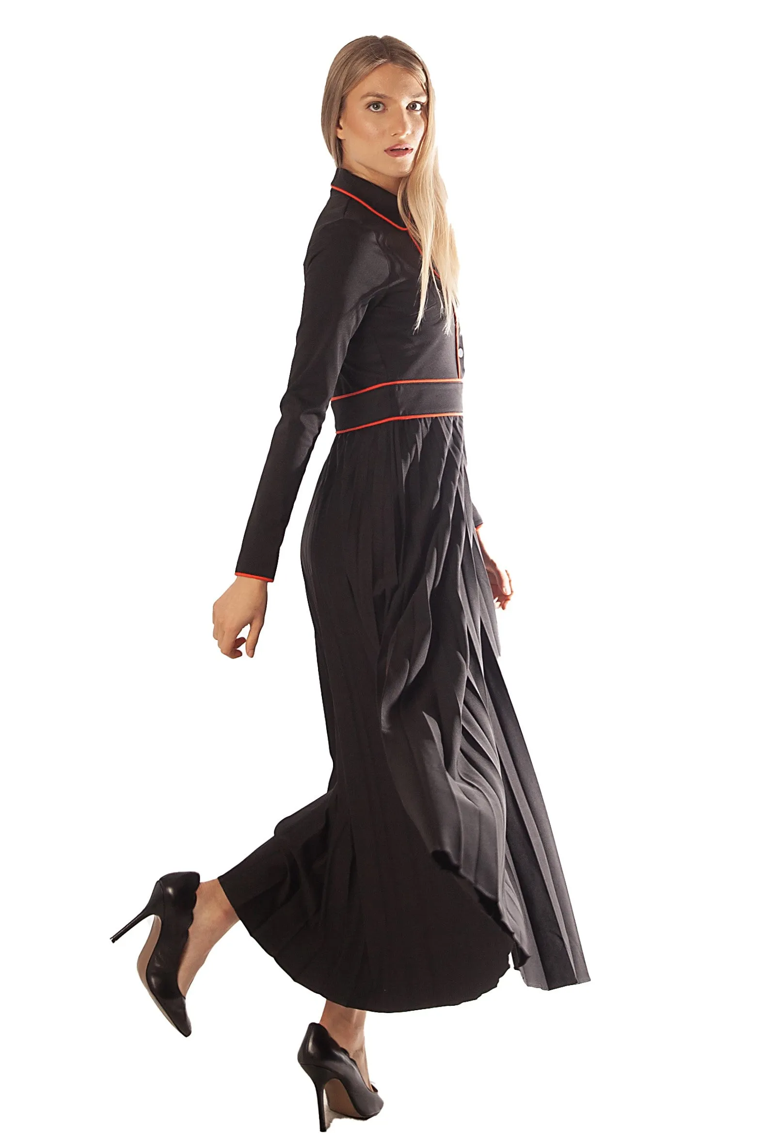 Contrast Piped Pleated Dress