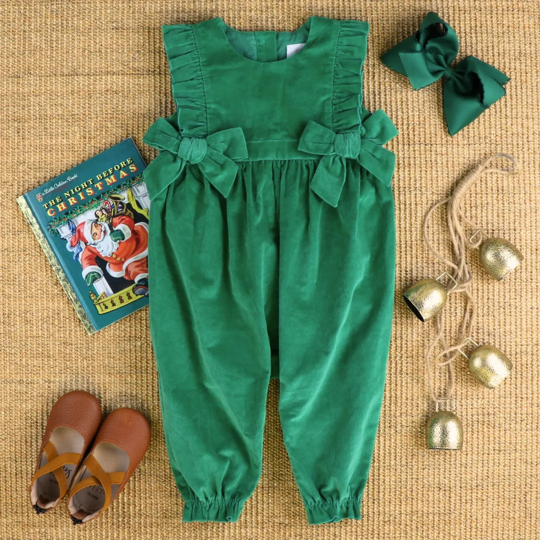 Corduroy Girl Long Romper - Christmas Green