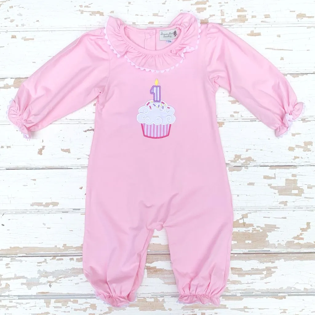 Cupcake Appliqué Pink Knit Romper