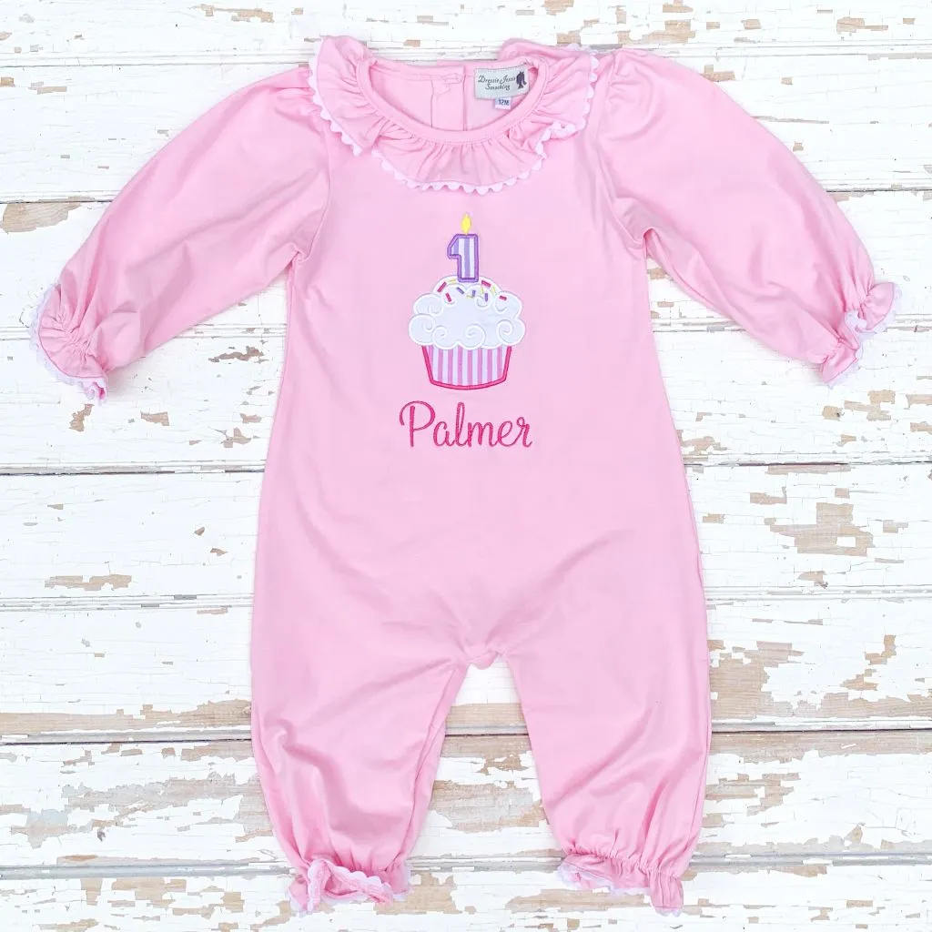 Cupcake Appliqué Pink Knit Romper