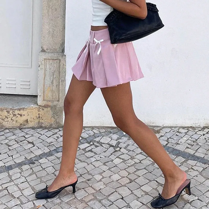 Cute Pink Bow Pleated Mini Skirt