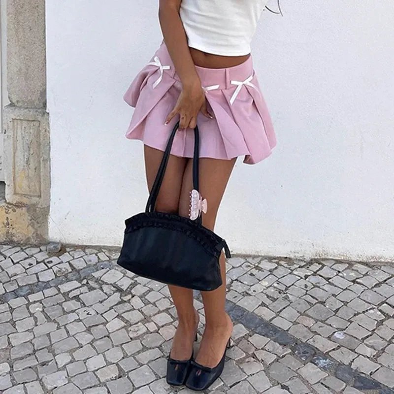 Cute Pink Bow Pleated Mini Skirt