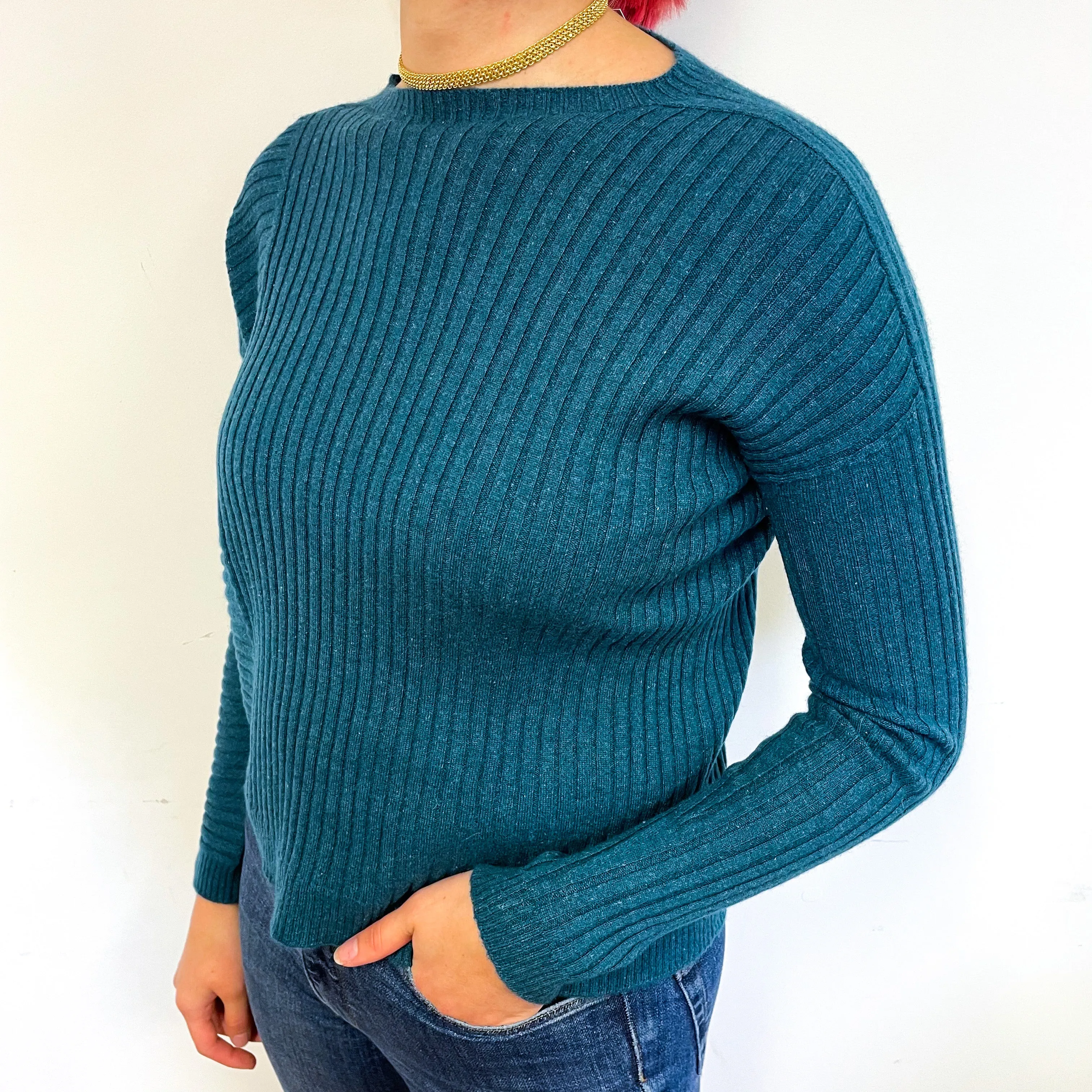 Deep Ocean Green Ribbed Cashmere Crew Neck Jumper Small