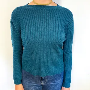 Deep Ocean Green Ribbed Cashmere Crew Neck Jumper Small