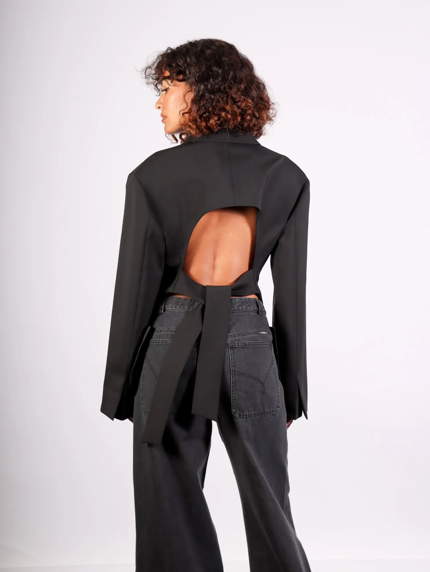 Double Breasted Cut-Out Jacket in Black by A.W.A.K.E. Mode