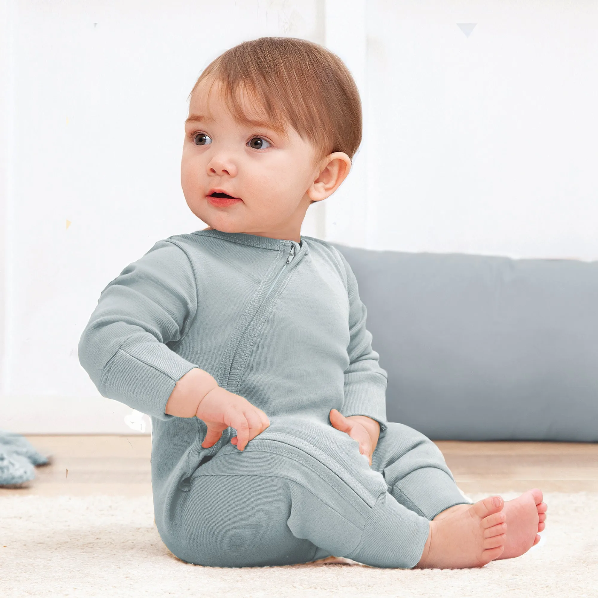 Dusty Blue Cotton Zipper Romper