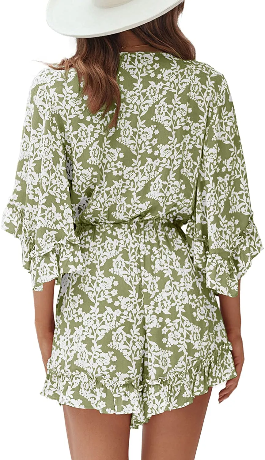 Elastic Waist Green Floral Print Rompers Short Jumpsuit