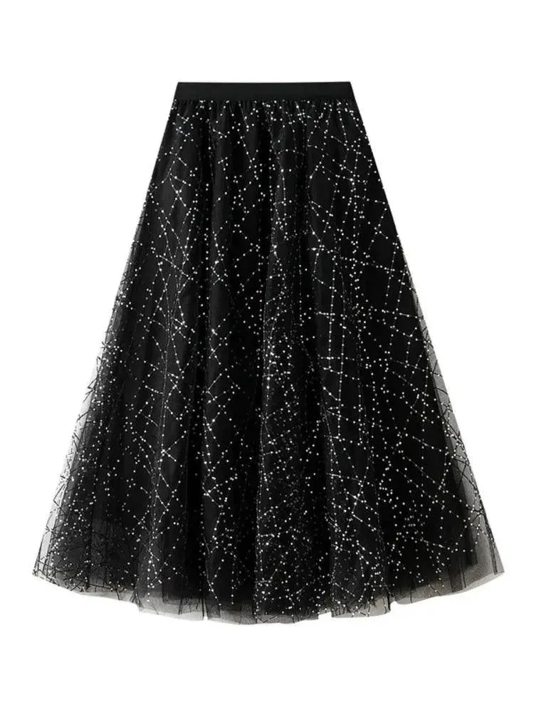 Elegant Sequin Pleated A-Line Skirt