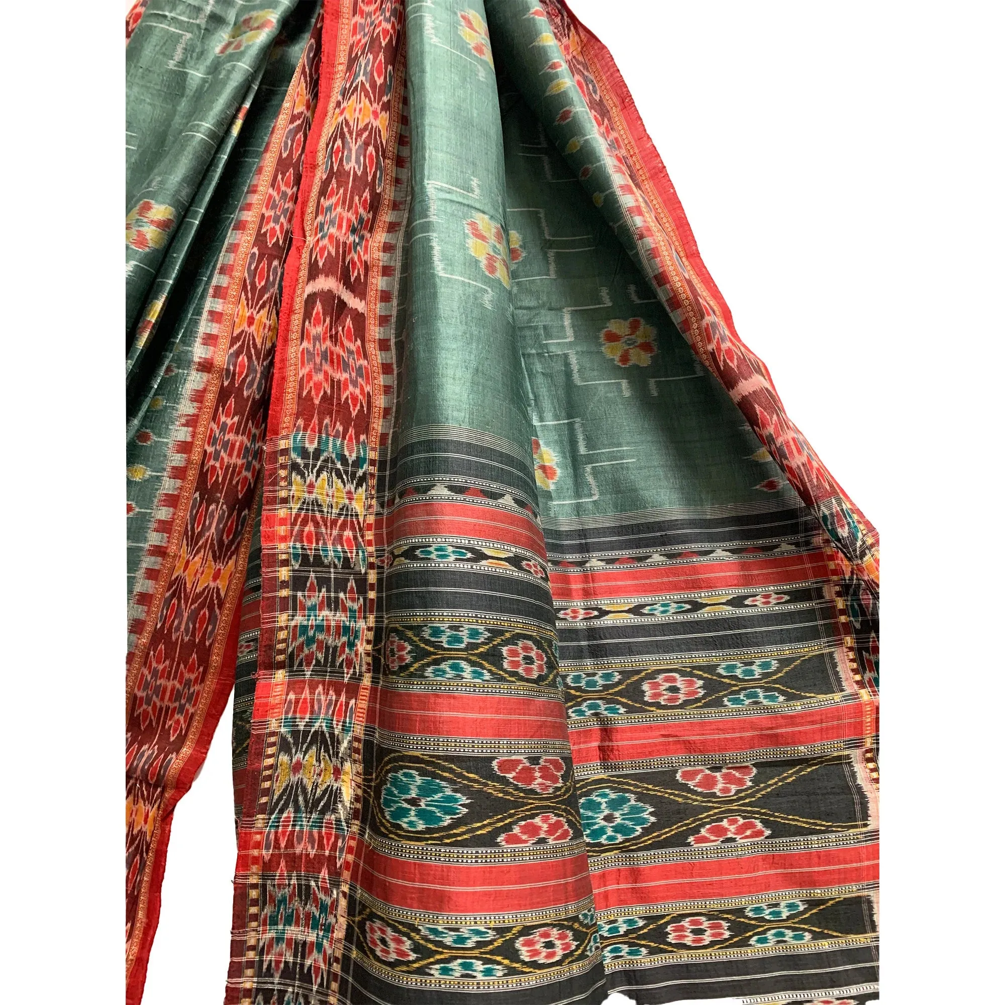 Ethnic India Boho Vintage Silk Ikkat Print Sage Green With Red Borders Shawl Wrap Large Scarf