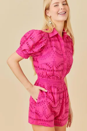 Eyelet Lace Puff Sleeve Romper Hot Pink