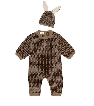 F Brown Allover Logo Knit Romper