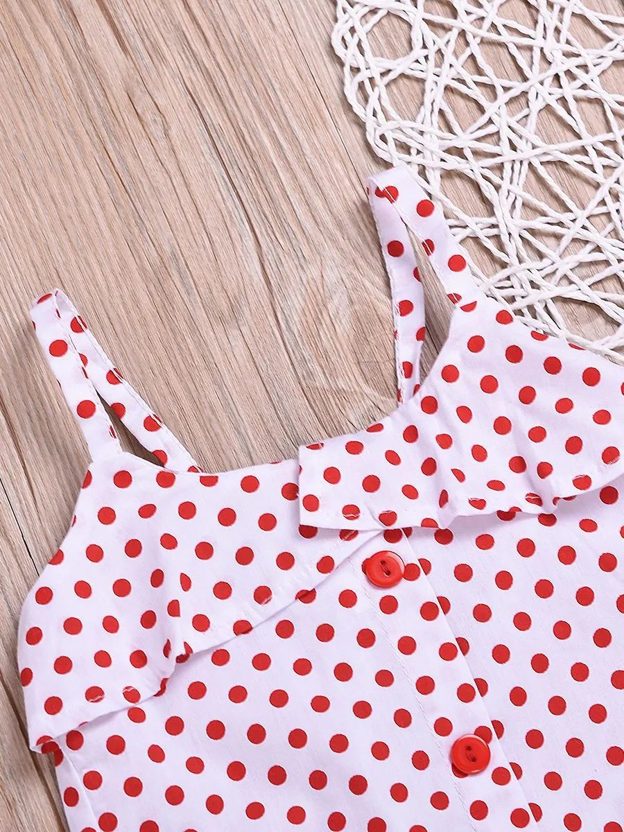 Fashion Toddler Girl Clothes Red Polka Dots Suspender Top Bow Stripe Skirt Outfit Sets 2-Piece