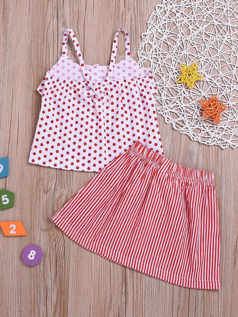 Fashion Toddler Girl Clothes Red Polka Dots Suspender Top Bow Stripe Skirt Outfit Sets 2-Piece