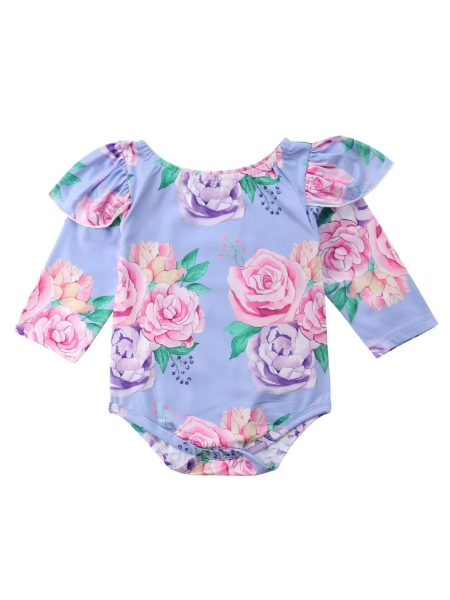 Floral Flutter Sleeve Romper Infant Baby Girl Spring Bodysuit