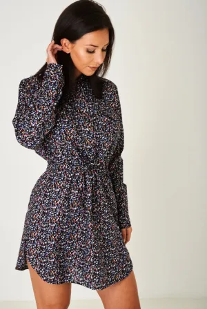 Floral Print Shirt Dress in Black