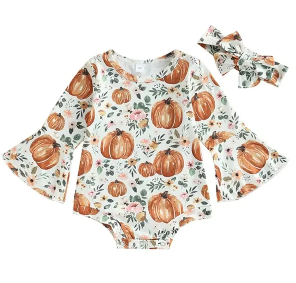 Floral Pumpkin Romper with Bell Sleeves and Headband #1001186