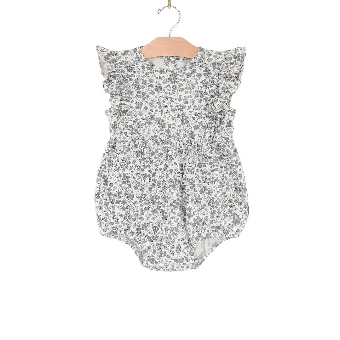 Flutter Sleeve Short Romper | Calico Floral Robin's Egg - LAST ONE 12/18M