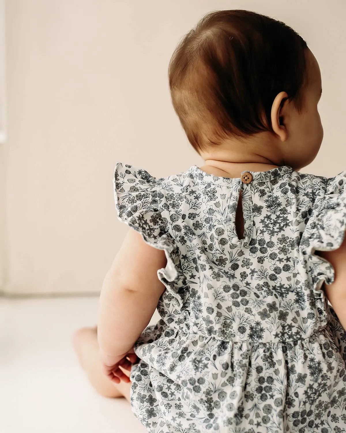 Flutter Sleeve Short Romper | Calico Floral Robin's Egg - LAST ONE 12/18M