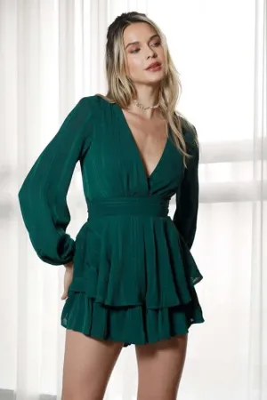 Forest Green Long Sleeve Tiered Mini Romper