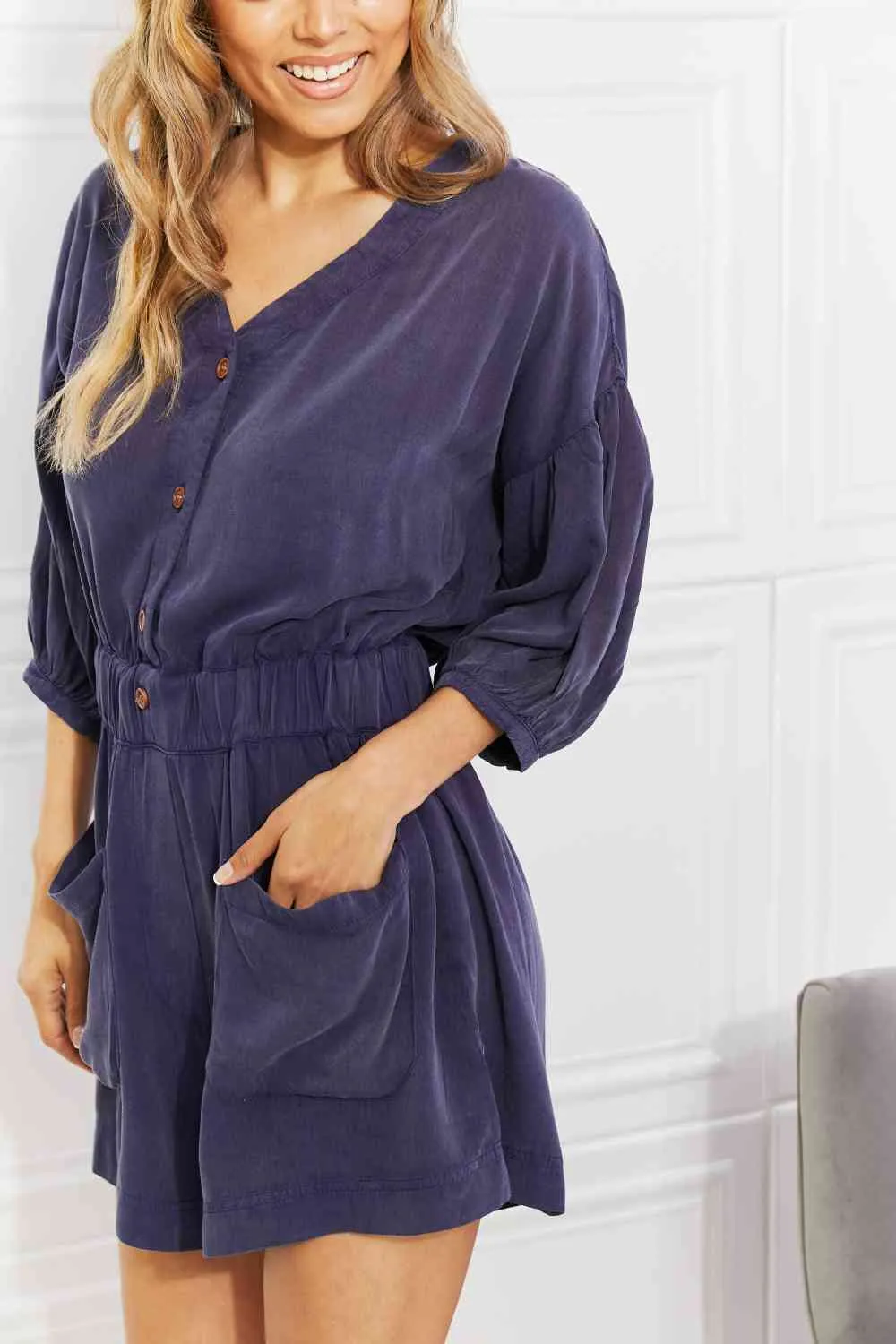 Full SIze Play It Cool Three-Quarter Sleeve Romper in Blueberry