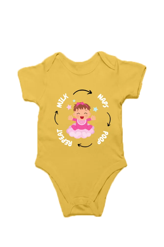 Funny Baby Girl Romper for Your Little Diva - Milk, Naps, Poop, Repeat (White Font)