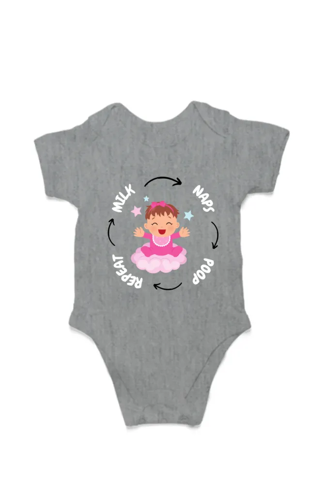 Funny Baby Girl Romper for Your Little Diva - Milk, Naps, Poop, Repeat (White Font)