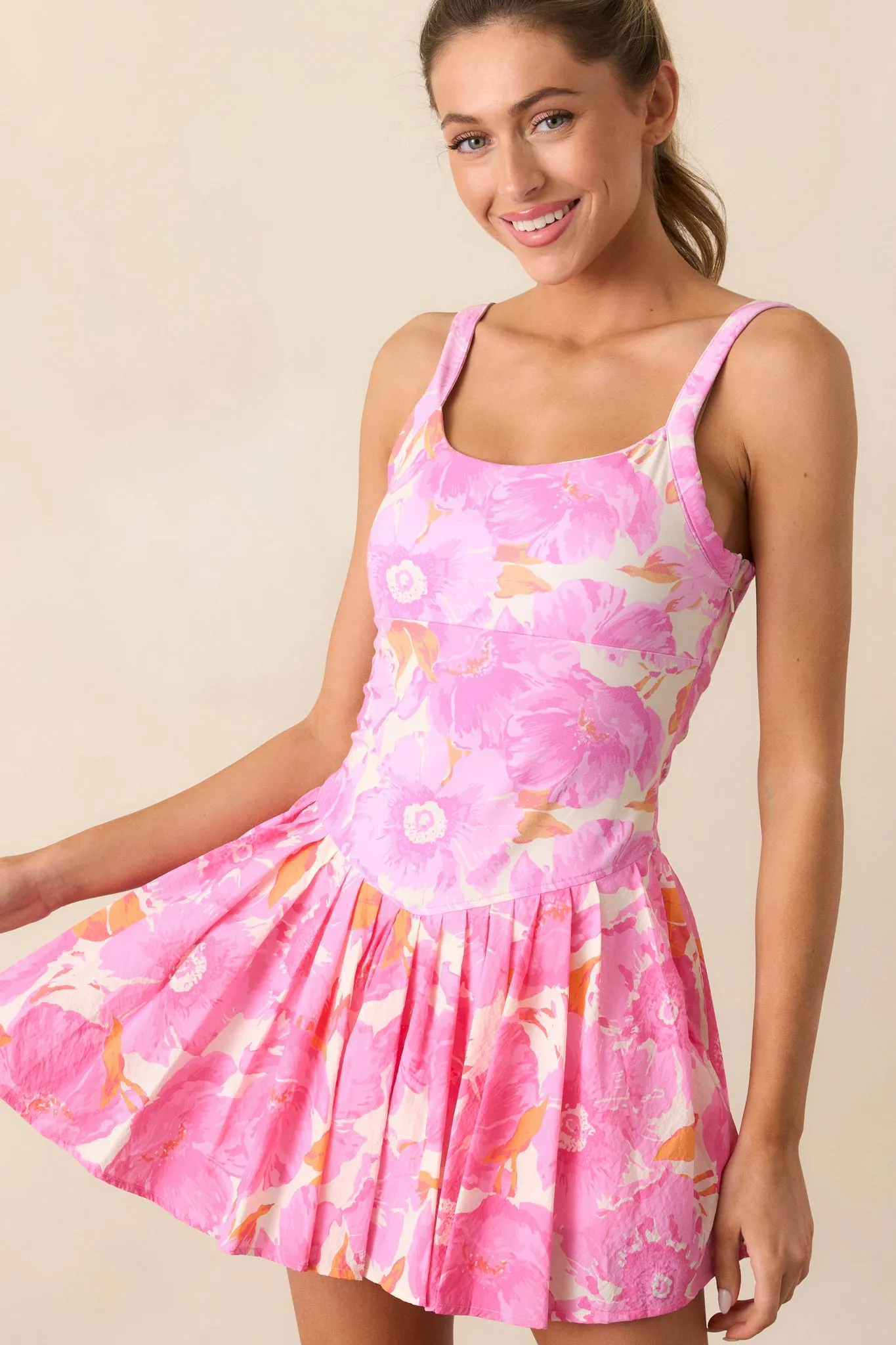 Garden Party Hot Pink & Orange Floral Pleated Tennis Dress