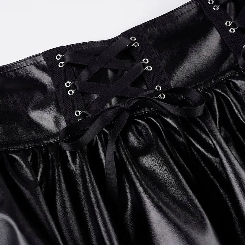 Gothic Fishnet Spliced Leather Pleated Skirt