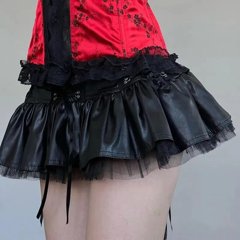 Gothic Fishnet Spliced Leather Pleated Skirt