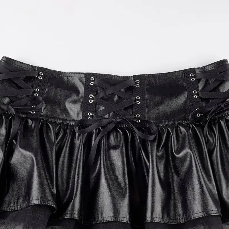 Gothic Fishnet Spliced Leather Pleated Skirt