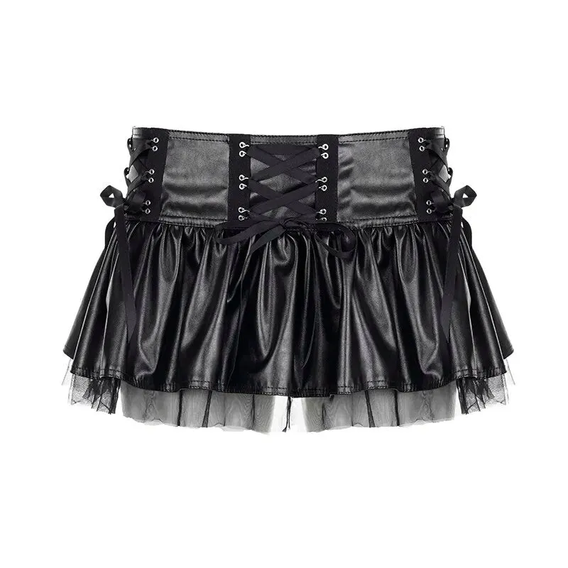 Gothic Fishnet Spliced Leather Pleated Skirt