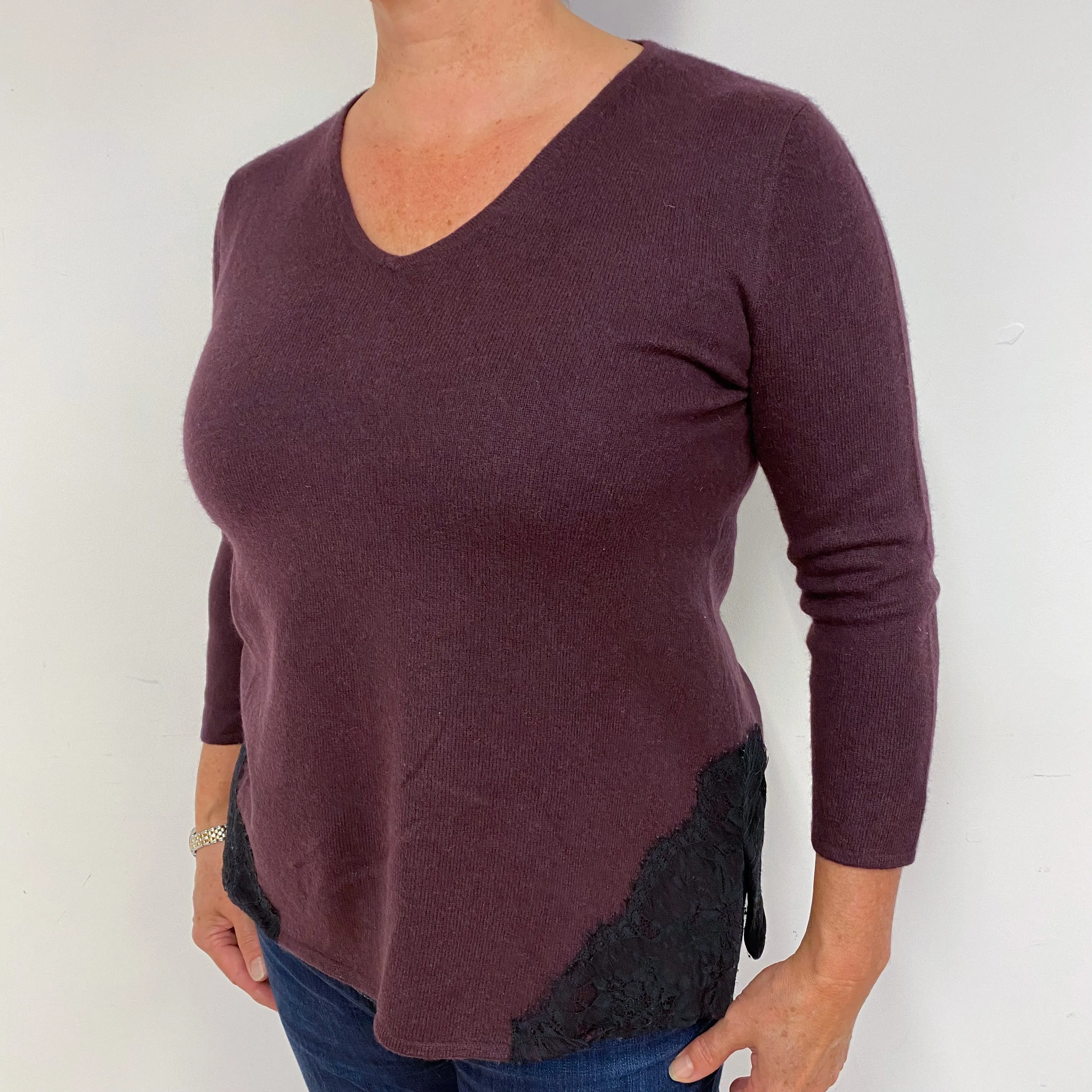 Grape Purple Cashmere V-Neck Jumper Large