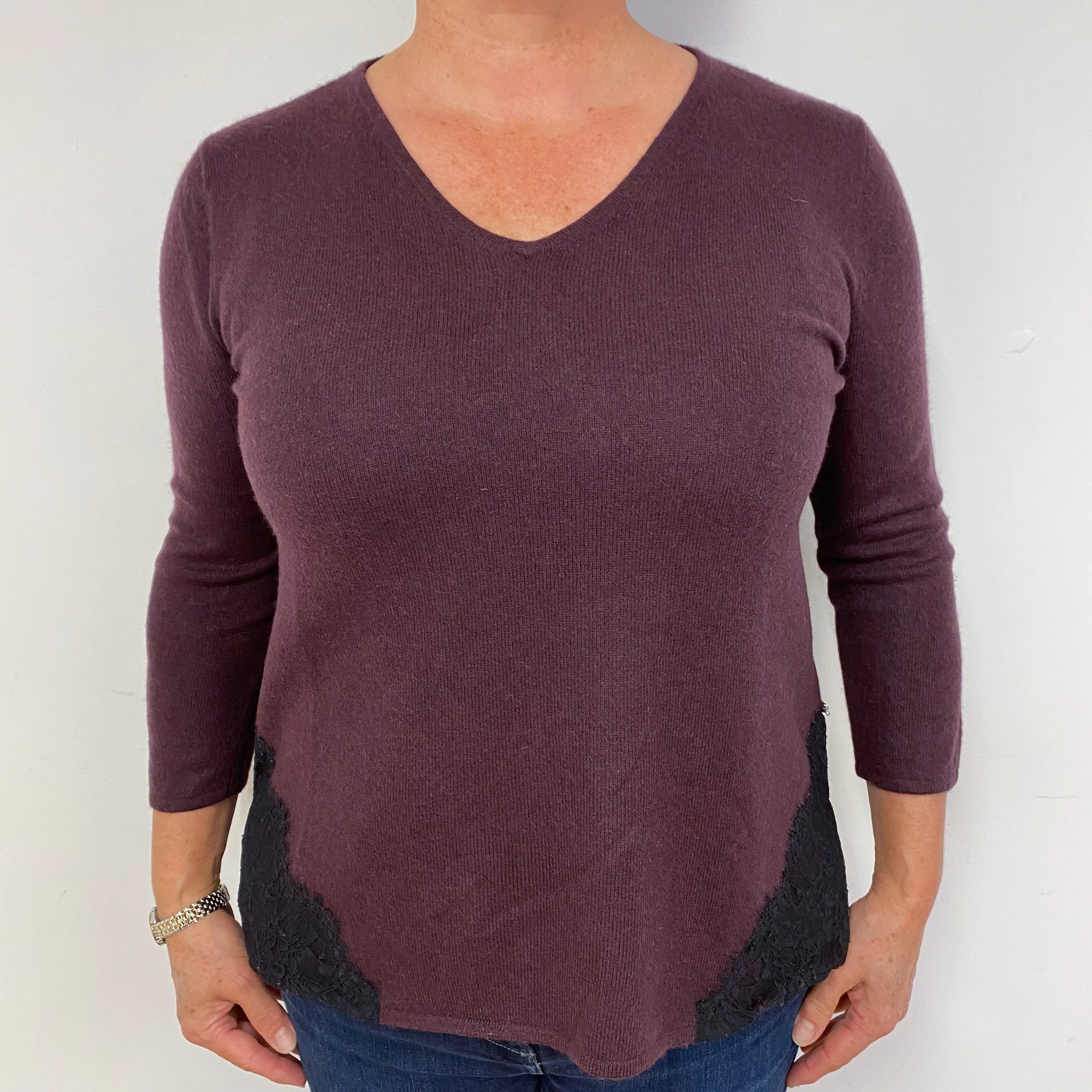 Grape Purple Cashmere V-Neck Jumper Large