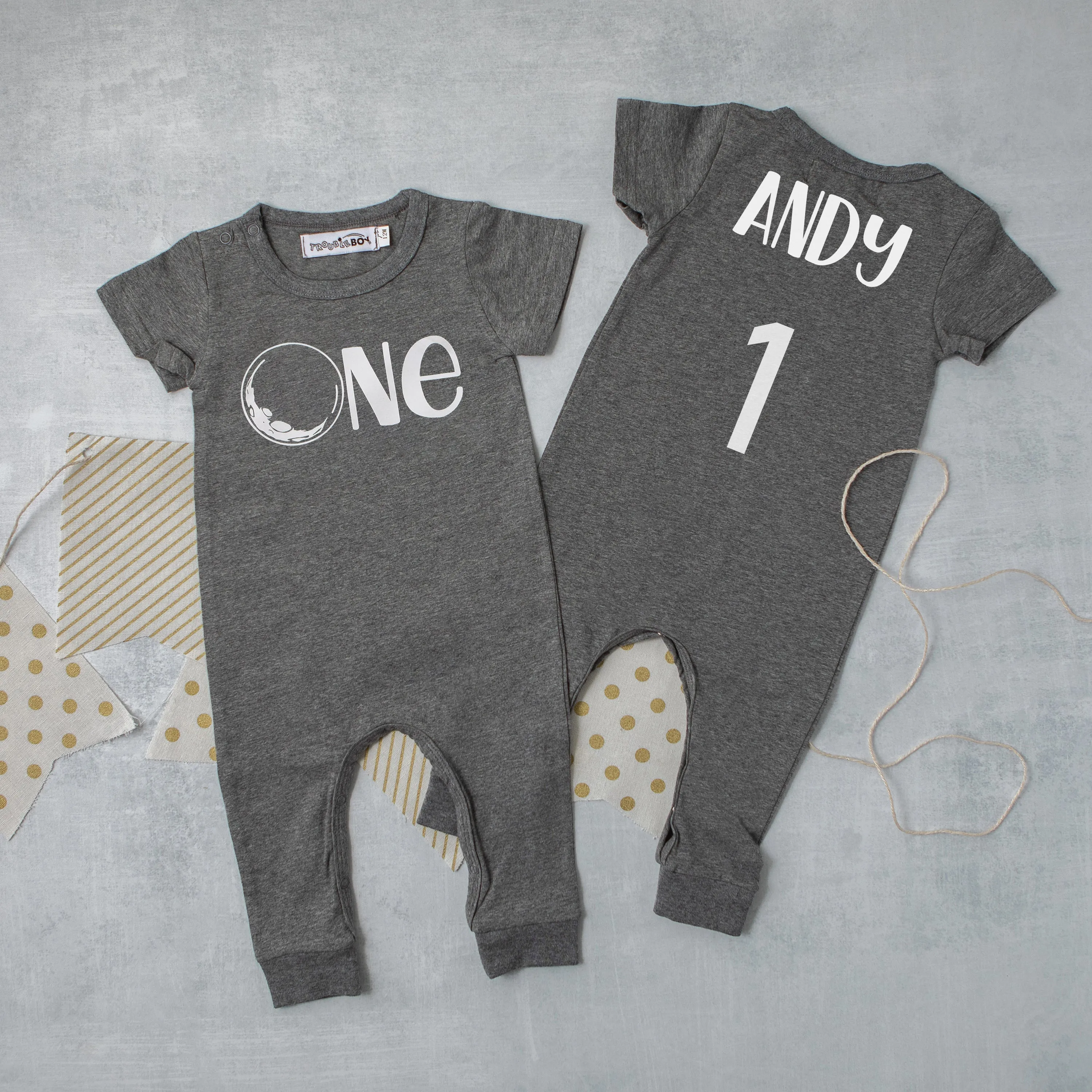 Gray "One" Moon Slim Fit Space Themed 1st Birthday Romper