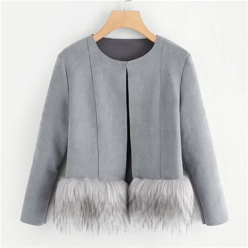 Grey Contrast Faux Fur Ham Suede Coat Women Autumn Winter Jacket Womens Clothes 2019 Fashion Ladies Outerwear Coats