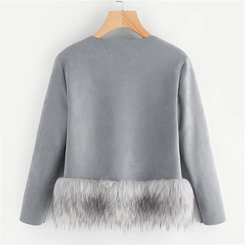 Grey Contrast Faux Fur Ham Suede Coat Women Autumn Winter Jacket Womens Clothes 2019 Fashion Ladies Outerwear Coats